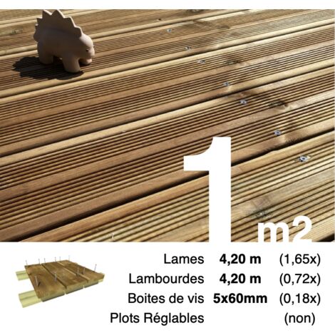 Kit terrasse Pin autoclave Marron pour 1 m² • Lames 4,2 m, lambourdes 4,2 m et visserie Inox