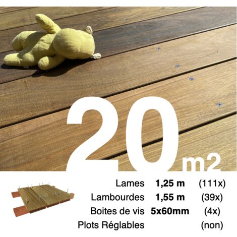 Kit terrasse bois exotique IPE pour 20 m² • Lames 1,25 m, lambourdes 1,55 m et visserie Inox • Livraison gratuite