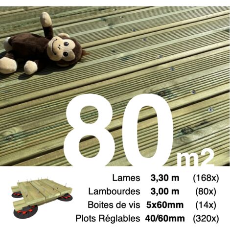 Kit complet terrasse Pin autoclave Vert pour 80 m² • Lames 3,3 m, lambourdes 3 m, plots réglables et visserie Inox • Livraison gratuite