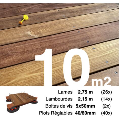 Kit complet terrasse bois exotique CUMARU pour 10 m² • Lames 2,75 m, lambourdes 2,15 m, plots réglables et visserie Inox • Livraison gratuite