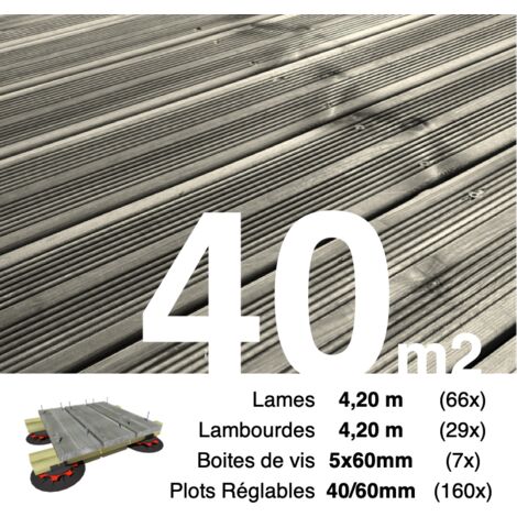 Kit complet terrasse Pin autoclave Gris pour 40 m² • Lames 4,2 m, lambourdes 4,2 m, plots réglables et visserie Inox • Livraison gratuite (1/3)