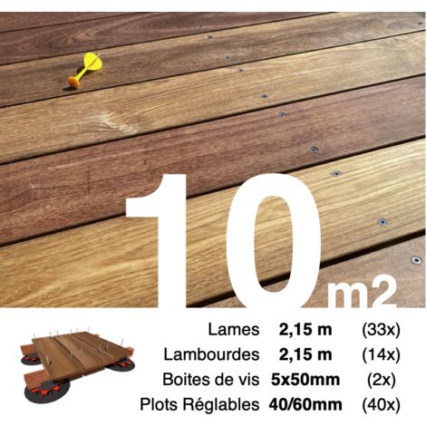 Kit complet terrasse bois exotique CUMARU pour 10 m² • Lames 2,15 m, lambourdes 2,15 m, plots réglables et visserie Inox • Livraison gratuite