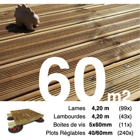 Kit complet terrasse Pin autoclave Marron pour 60 m² • Lames 4,2 m, lambourdes 4,2 m, plots réglables et visserie Inox • Livraison gratuite