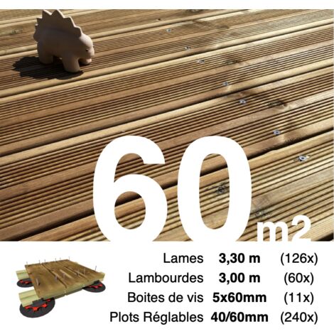 Kit complet terrasse Pin autoclave Marron pour 60 m² • Lames 3,3 m, lambourdes 3 m, plots réglables et visserie Inox • Livraison gratuite