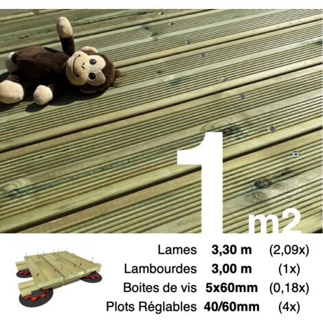 Kit complet terrasse Pin autoclave Vert pour 1 m² • Lames 3,3 m, lambourdes 3 m, plots réglables et visserie Inox (1/4)