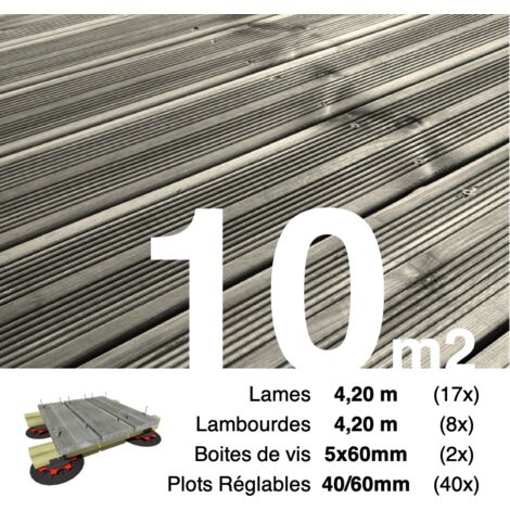 Kit complet terrasse Pin autoclave Gris pour 10 m² • Lames 4,2 m, lambourdes 4,2 m, plots réglables et visserie Inox