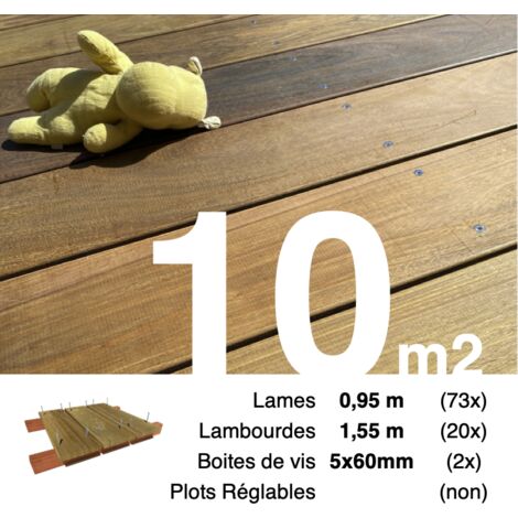Kit terrasse bois exotique IPE pour 10 m² • Lames 0,95 m, lambourdes 1,55 m et visserie Inox • Livraison gratuite
