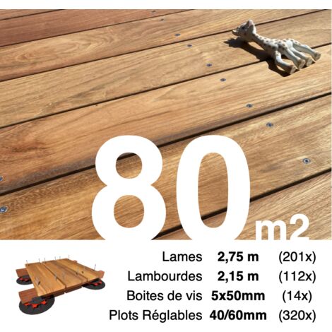 Kit complet terrasse bois exotique JATOBA pour 80 m² • Lames 2,75 m, lambourdes 2,15 m, plots réglables et visserie Inox • Livraison gratuite