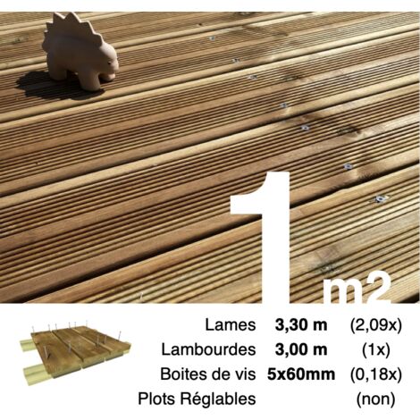 Kit terrasse Pin autoclave Marron pour 1 m² • Lames 3,3 m, lambourdes 3 m et visserie Inox