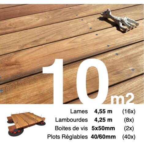 Kit complet terrasse bois exotique JATOBA pour 10 m² • Lames 4,55 m, lambourdes 4,25 m, plots réglables et visserie Inox • Livraison gratuite