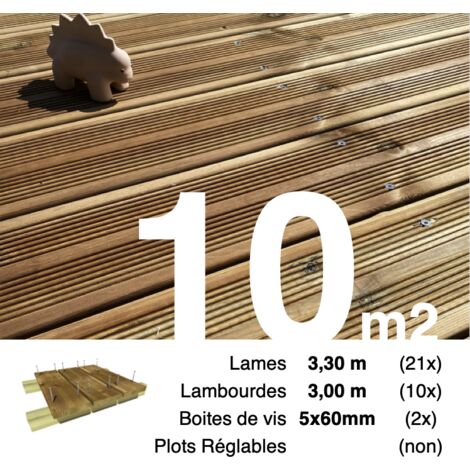 Kit terrasse Pin autoclave Marron pour 10 m² • Lames 3,3 m, lambourdes 3 m et visserie Inox