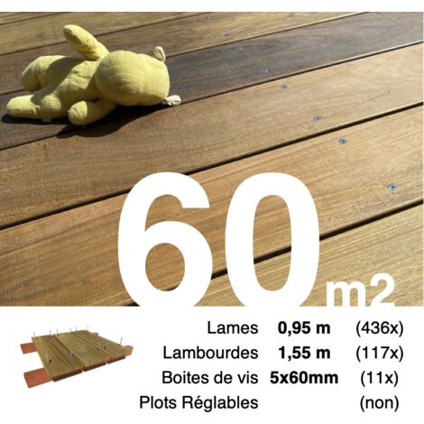 Kit terrasse bois exotique IPE pour 60 m² • Lames 0,95 m, lambourdes 1,55 m et visserie Inox • Livraison gratuite