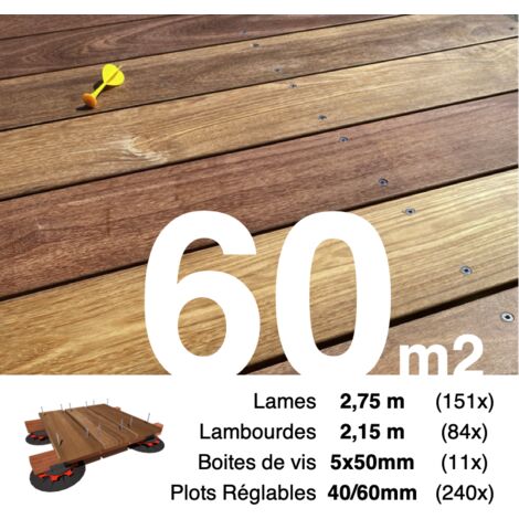 Kit complet terrasse bois exotique CUMARU pour 60 m² • Lames 2,75 m, lambourdes 2,15 m, plots réglables et visserie Inox • Livraison gratuite