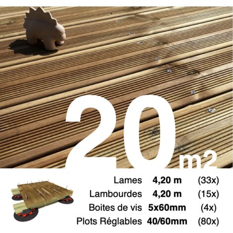 Terrasseenbois.Fr – Kit complet terrasse pin autoclave marron 20 m² – 33 lames 4,2 m – 15 lambourdes 4,2 m – 80 plots réglables – Visserie inox A2