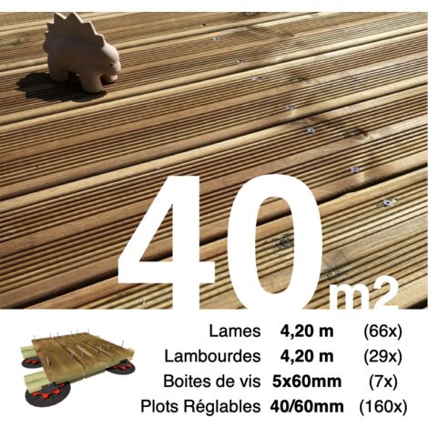Kit complet terrasse Pin autoclave Marron pour 40 m² • Lames 4,2 m, lambourdes 4,2 m, plots réglables et visserie Inox • Livraison gratuite
