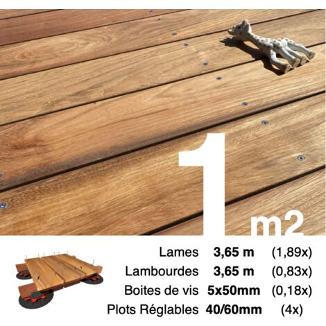 Kit complet terrasse bois exotique JATOBA pour 1 m² • Lames 3,65 m, lambourdes 3,65 m, plots réglables et visserie Inox