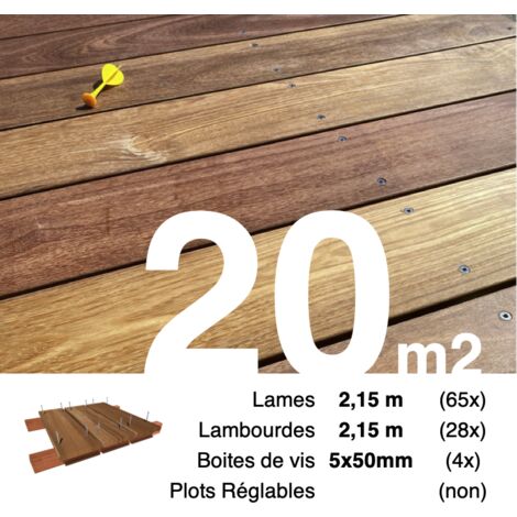 Kit terrasse bois exotique CUMARU pour 20 m² • Lames 2,15 m, lambourdes 2,15 m et visserie Inox • Livraison gratuite
