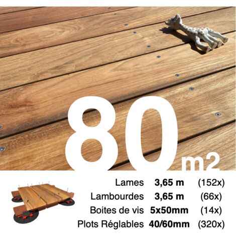 Kit complet terrasse bois exotique JATOBA pour 80 m² • Lames 3,65 m, lambourdes 3,65 m, plots réglables et visserie Inox • Livraison gratuite