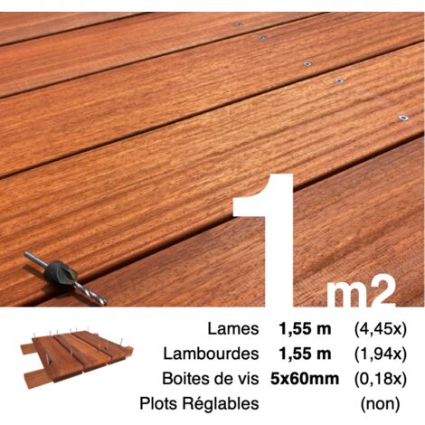 Kit terrasse bois exotique PADOUK pour 1 m² • Lames 1,55 m, lambourdes 1,55 m et visserie Inox