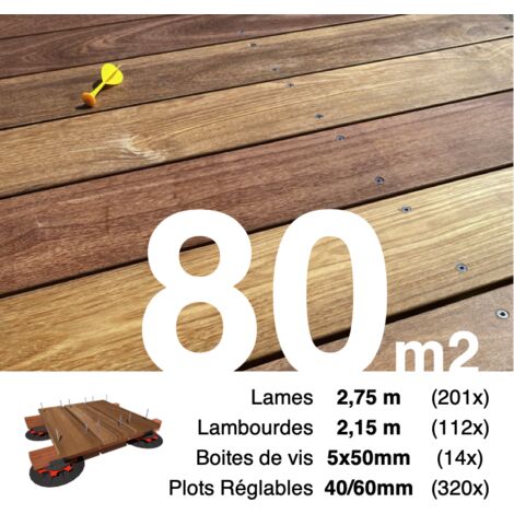 Kit complet terrasse bois exotique CUMARU pour 80 m² • Lames 2,75 m, lambourdes 2,15 m, plots réglables et visserie Inox • Livraison gratuite