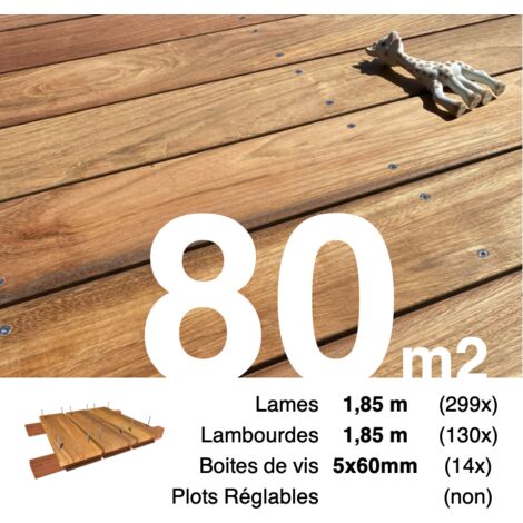 Kit terrasse bois exotique JATOBA pour 80 m² • Lames 1,85 m, lambourdes 1,85 m et visserie Inox • Livraison gratuite