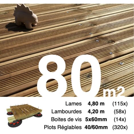 Kit complet terrasse Pin autoclave Marron pour 80 m² • Lames 4,8 m, lambourdes 4,2 m, plots réglables et visserie Inox • Livraison gratuite