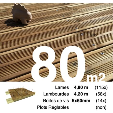 Kit terrasse Pin autoclave Marron pour 80 m² • Lames 4,8 m, lambourdes 4,2 m et visserie Inox • Livraison gratuite