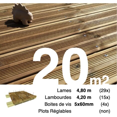 Kit terrasse Pin autoclave Marron pour 20 m² • Lames 4,8 m, lambourdes 4,2 m et visserie Inox • Livraison gratuite