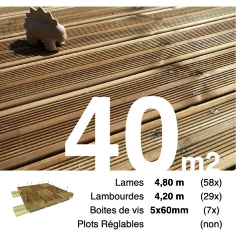 Kit terrasse Pin autoclave Marron pour 40 m² • Lames 4,8 m, lambourdes 4,2 m et visserie Inox • Livraison gratuite