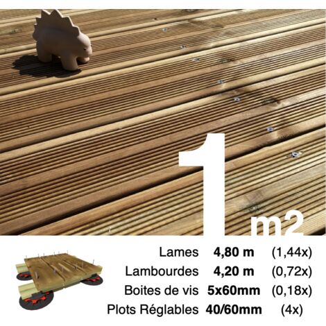 Terrasseenbois.Fr – Kit complet terrasse pin autoclave marron 1 m² – Lames 4,8 m, lambourdes 4,2 m, plots réglables, visserie inox – Finition rainurée ou lisse