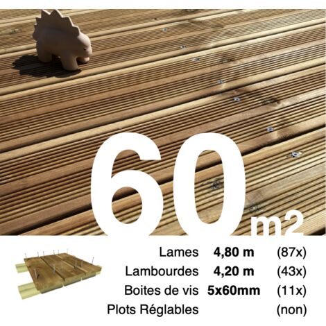 Kit terrasse Pin autoclave Marron pour 60 m² • Lames 4,8 m, lambourdes 4,2 m et visserie Inox • Livraison gratuite