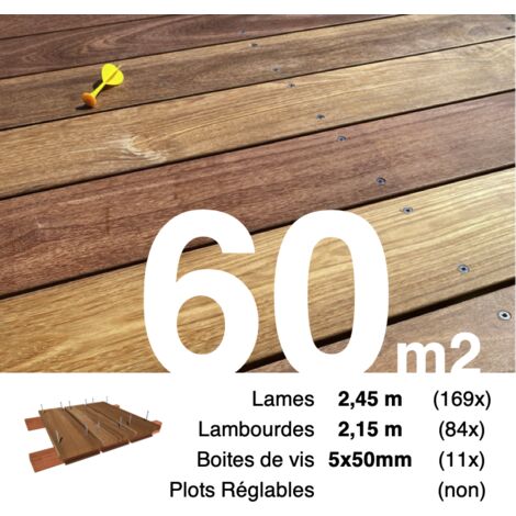 Kit terrasse bois exotique CUMARU pour 60 m² • Lames 2,45 m, lambourdes 2,15 m et visserie Inox • Livraison gratuite