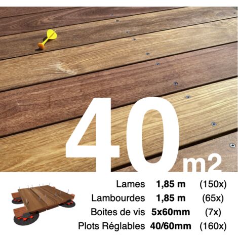 Kit complet terrasse bois exotique CUMARU pour 40 m² • Lames 1,85 m, lambourdes 1,85 m, plots réglables et visserie Inox • Livraison gratuite (1/4)