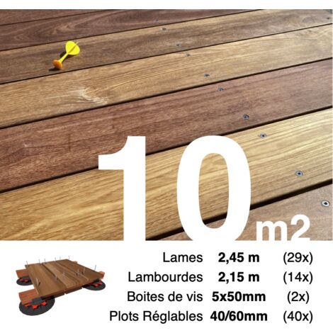 Kit complet terrasse bois exotique CUMARU pour 10 m² • Lames 2,45 m, lambourdes 2,15 m, plots réglables et visserie Inox • Livraison gratuite