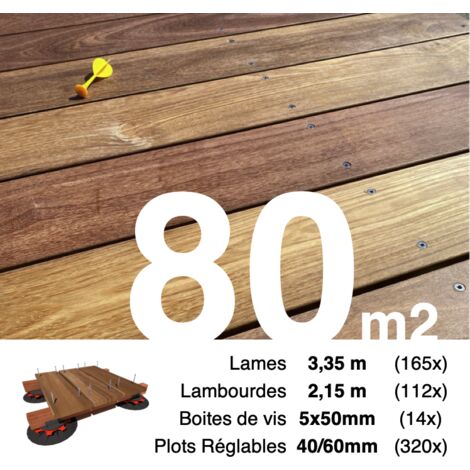 Kit complet terrasse bois exotique CUMARU pour 80 m² • Lames 3,35 m, lambourdes 2,15 m, plots réglables et visserie Inox • Livraison gratuite