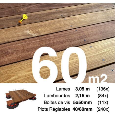 Kit complet terrasse bois exotique CUMARU pour 60 m² • Lames 3,05 m, lambourdes 2,15 m, plots réglables et visserie Inox • Livraison gratuite