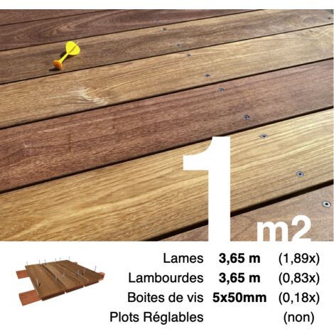 Kit terrasse bois exotique CUMARU pour 1 m² • Lames 3,65 m, lambourdes 3,65 m et visserie Inox