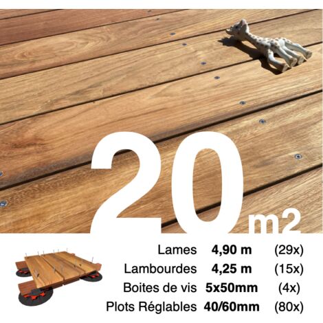 Kit complet terrasse bois exotique JATOBA pour 20 m² • Lames 4,9 m, lambourdes 4,25 m, plots réglables et visserie Inox • Livraison gratuite