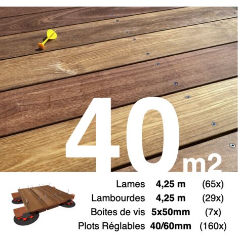 Kit complet terrasse bois exotique CUMARU pour 40 m² • Lames 4,25 m, lambourdes 4,25 m, plots réglables et visserie Inox • Livraison gratuite