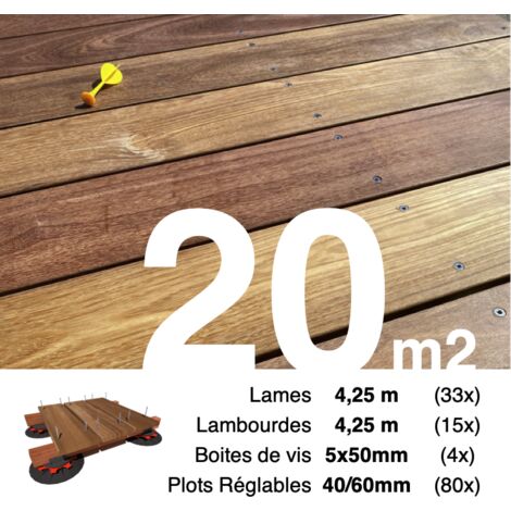 Kit complet terrasse bois exotique CUMARU pour 20 m² • Lames 4,25 m, lambourdes 4,25 m, plots réglables et visserie Inox • Livraison gratuite