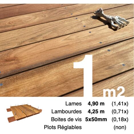 Kit terrasse bois exotique JATOBA pour 1 m² • Lames 4,9 m, lambourdes 4,25 m et visserie Inox