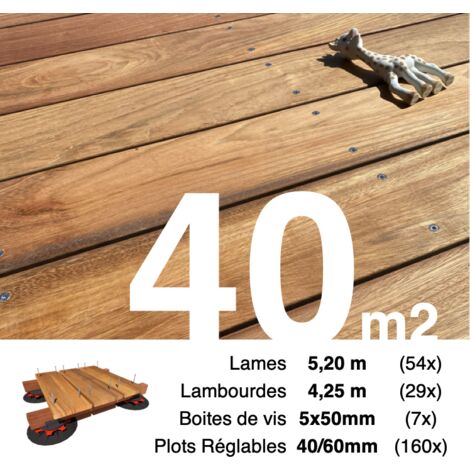 Kit complet terrasse bois exotique JATOBA pour 40 m² • Lames 5,2 m, lambourdes 4,25 m, plots réglables et visserie Inox • Livraison gratuite