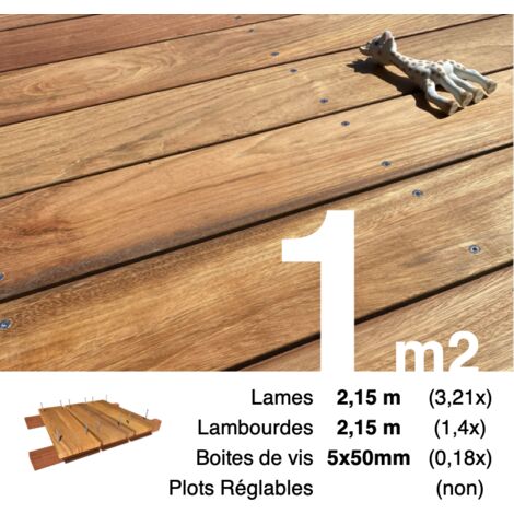 Kit terrasse bois exotique JATOBA pour 1 m² • Lames 2,15 m, lambourdes 2,15 m et visserie Inox