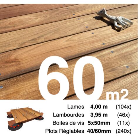 Kit complet terrasse bois exotique JATOBA pour 60 m² • Lames 4 m, lambourdes 3,95 m, plots réglables et visserie Inox • Livraison gratuite
