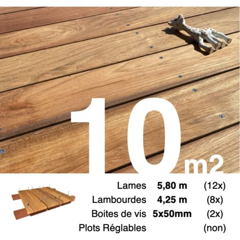 Kit terrasse bois exotique JATOBA pour 10 m² • Lames 5,8 m, lambourdes 4,25 m et visserie Inox