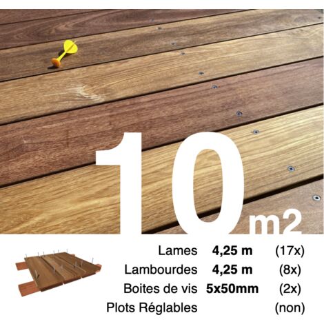 Kit terrasse bois exotique CUMARU pour 10 m² • Lames 4,25 m, lambourdes 4,25 m et visserie Inox • Livraison gratuite
