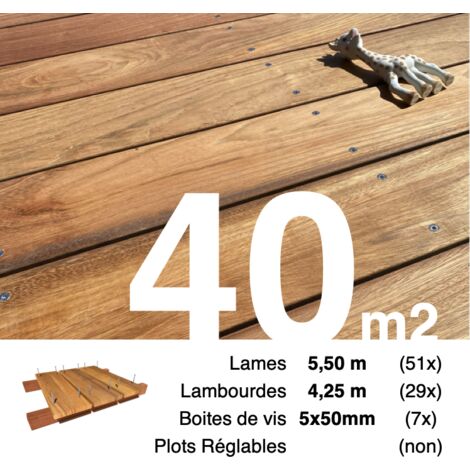 Kit terrasse bois exotique JATOBA pour 40 m² • Lames 5,5 m, lambourdes 4,25 m et visserie Inox • Livraison gratuite