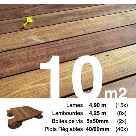 Kit complet terrasse bois exotique CUMARU pour 10 m² • Lames 4,9 m, lambourdes 4,25 m, plots réglables et visserie Inox • Livraison gratuite