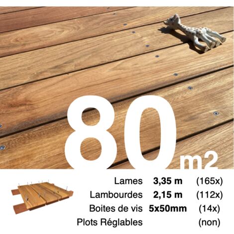Kit terrasse bois exotique JATOBA pour 80 m² • Lames 3,35 m, lambourdes 2,15 m et visserie Inox • Livraison gratuite (1/4)