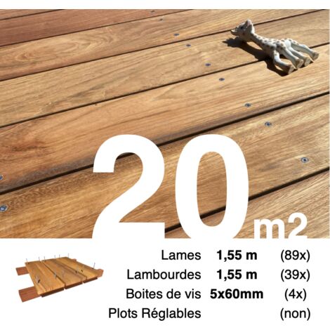 Kit terrasse bois exotique JATOBA pour 20 m² • Lames 1,55 m, lambourdes 1,55 m et visserie Inox • Livraison gratuite